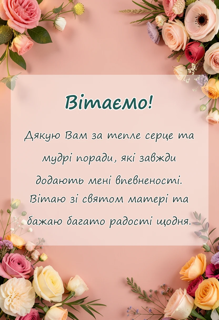 листівка з побажанням - привітання з днем матері свекрусі від невістки своїми словами