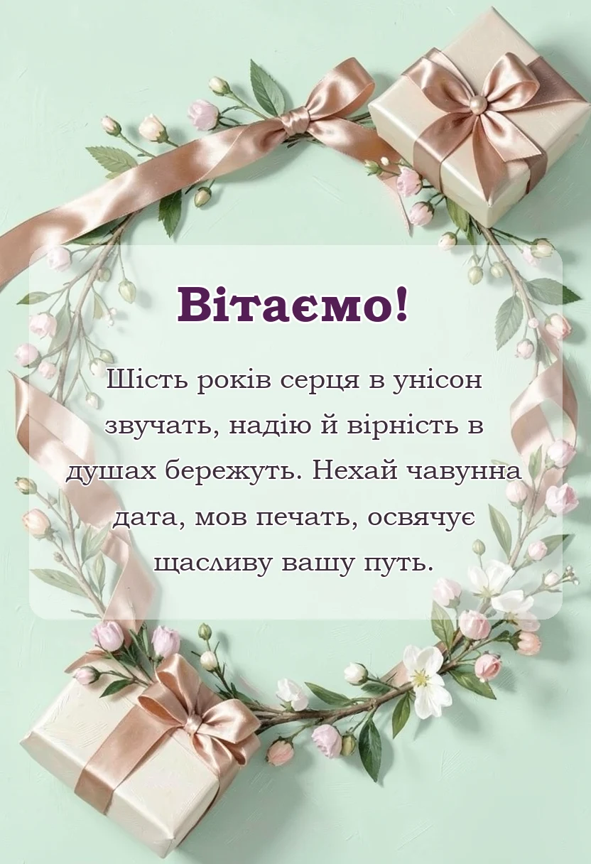 вітальна листівка - привітання з 6 річницею весілля