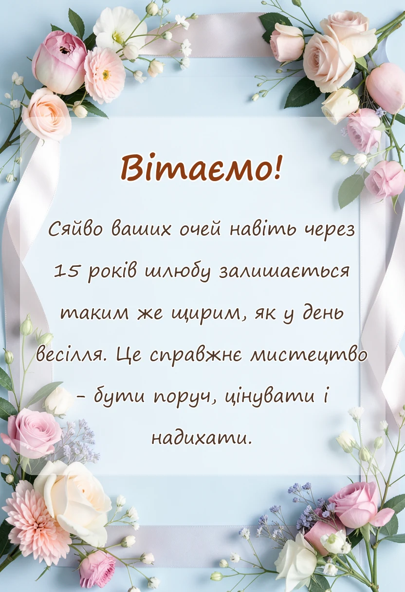 вітальна листівка - привітання з річницею весілля 15 років кришталеве весілля