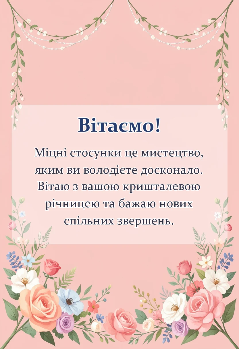 вітальна листівка - привітання з річницею весілля 15 років кришталеве весілля