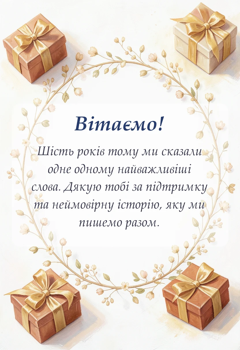 святкова картинка: привітання чоловіка з річницею весілля 6 років