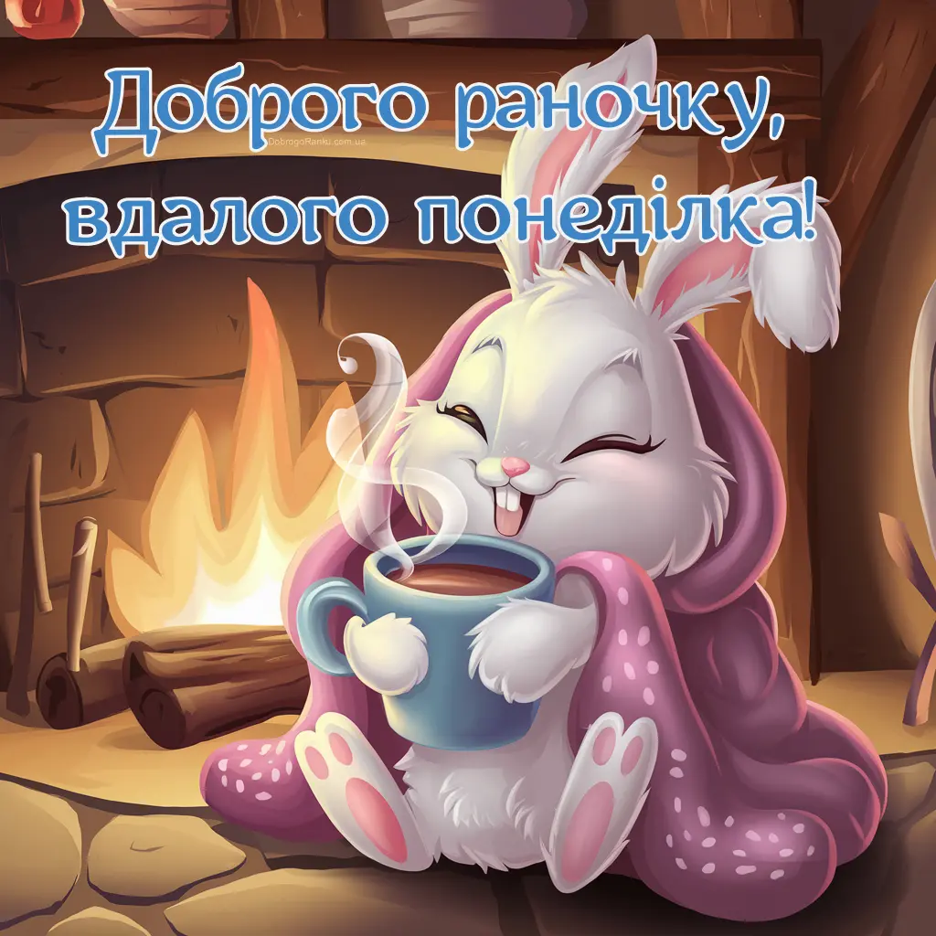 Зайчик з чашкою какао біля каміна вітає з понеділком.