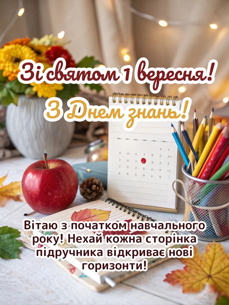 Привітання з першого вересня для дитини зі школярем та яблуком.
