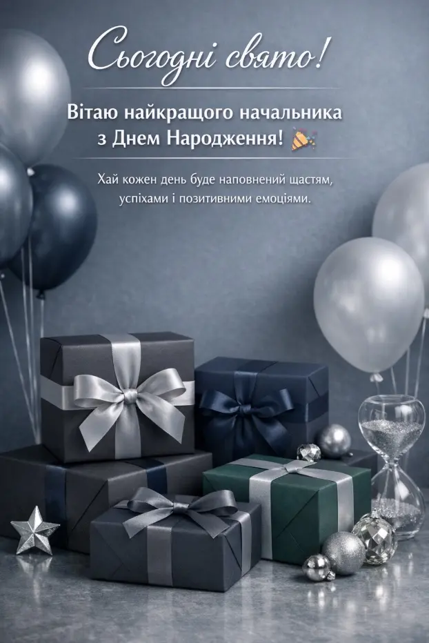 Привітання з днем народження начальнику в срібних та чорних тонах.