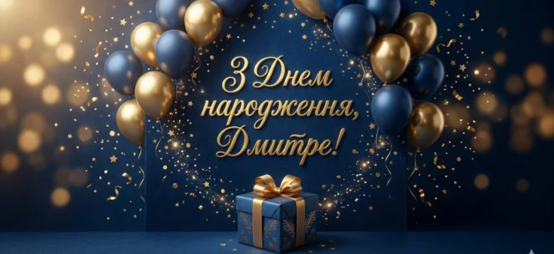 Синьо-золота листівка з привітанням на день народження Дмитра.