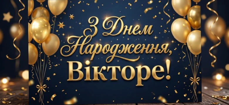 Золоті кульки та конфетті на тлі привітання Віктору з днем народження.
