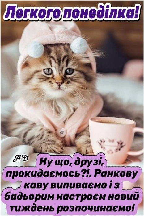 Кіт у рожевому капелюшку з кавою та привітанням на понеділком
