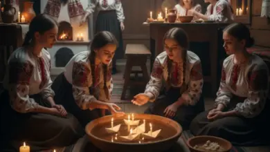 Дівчата в вишиванках збираються навколо басейну зі свічками та паперовими човниками.