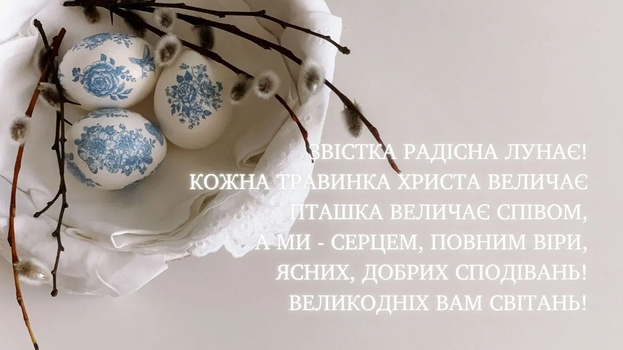 Великодні яйця та гілки верби на білому фоні з привітанням.