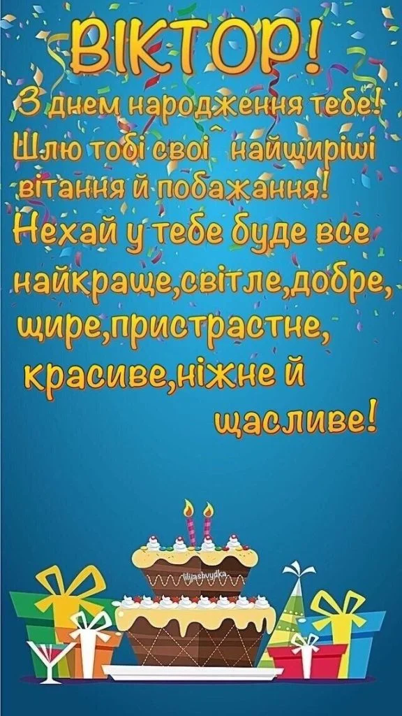 Привітання з днем народження Віктору: торт, подарунки та конфетті.