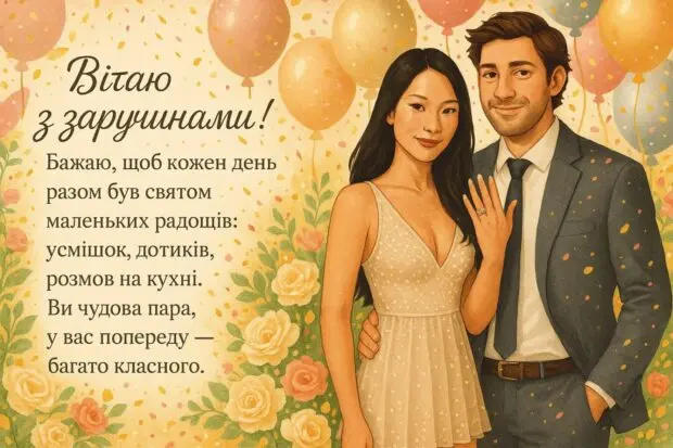 Чудова пара на фоні квітів та кульок із привітанням.