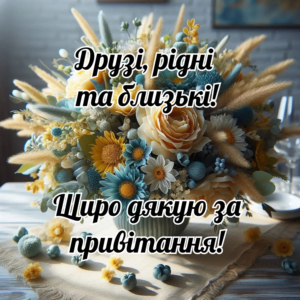 Квіти та привітання з днем народження українською мовою.