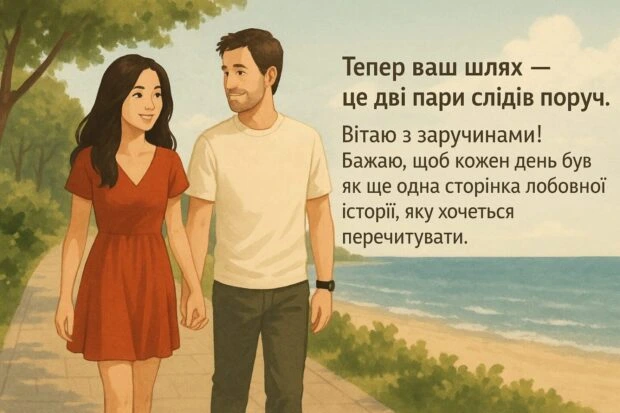 Чоловік і жінка йдуть узбережжям, привітання з заручинами.