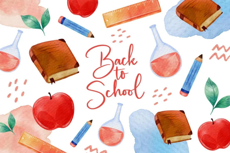 Кольорова ілюстрація шкільних речей та напису Back to School.