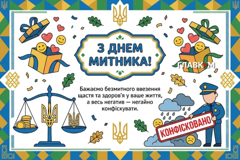 Вітальна картка для митника з символами правосуддя та подарунків.