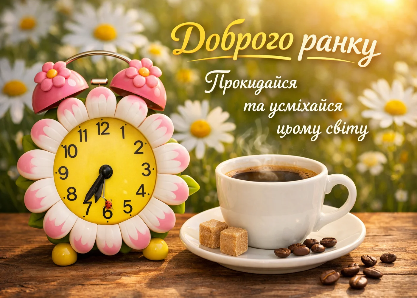 Квіти, годинник та кава для доброго ранку